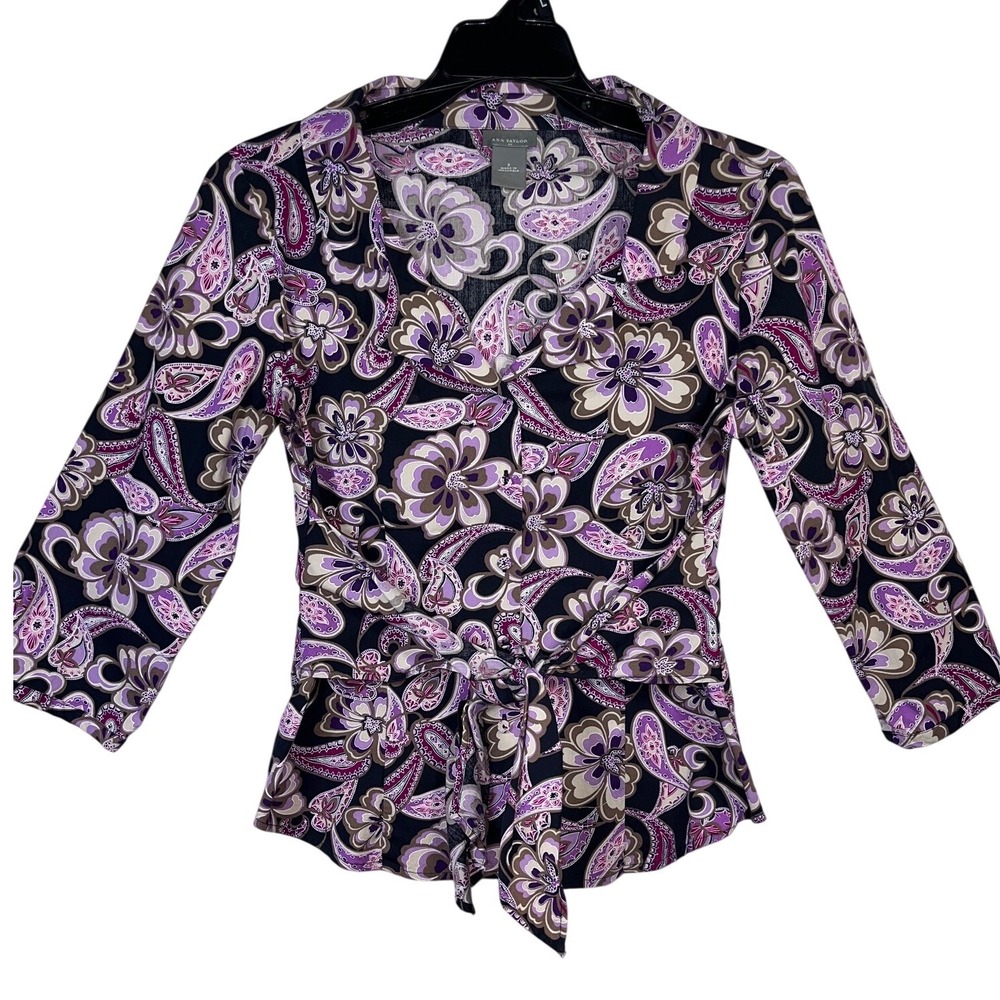 Ann Taylor Blouse Women Sz2 Purple  Floral Paisley Tie Waist 3/4 Sleeve